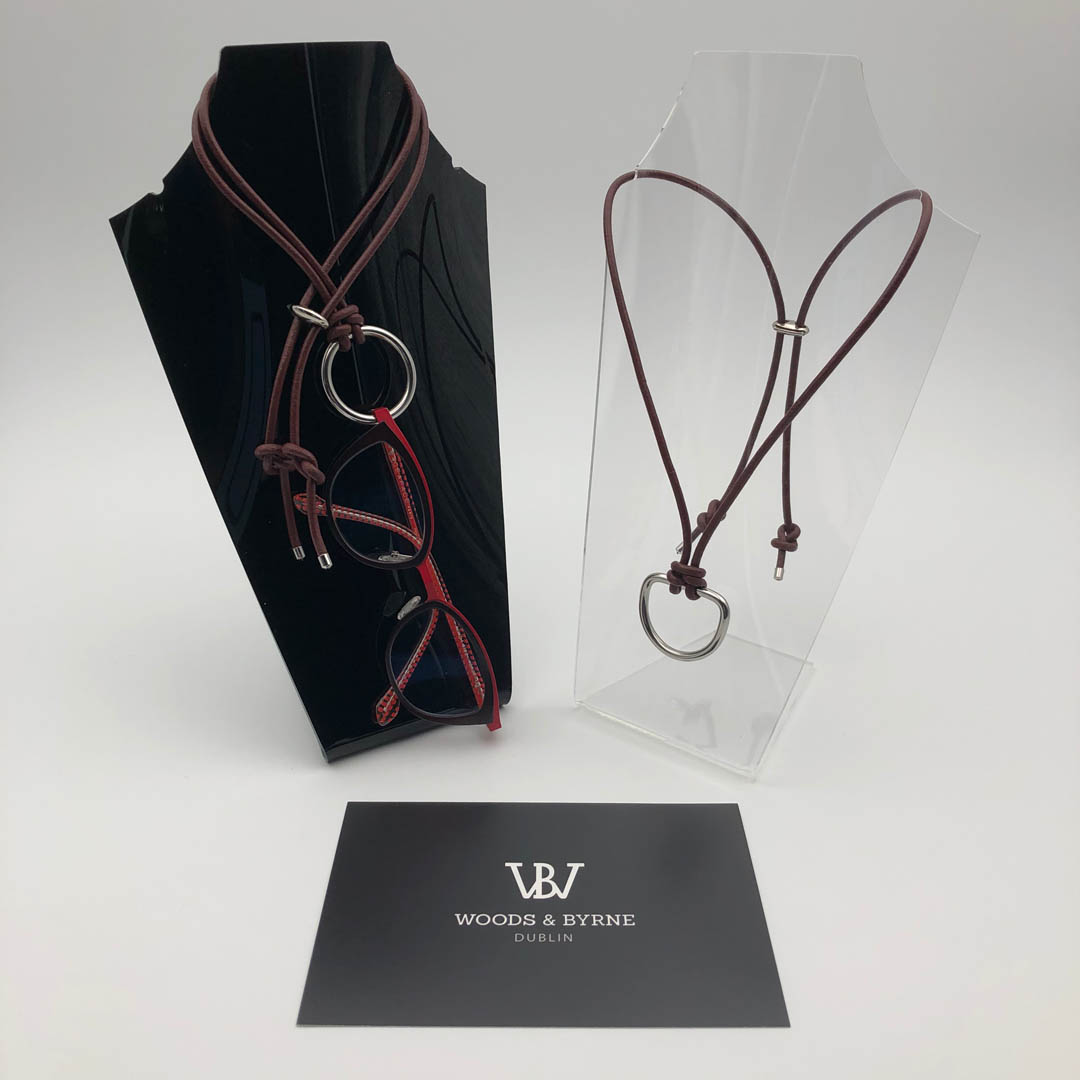 Red wine casual leather eyeglass cord "D Ring" by Woods & Byrne
